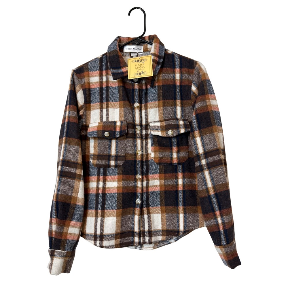 Haha Mama Plaid Shacket Womens Size S Brown Orange NWT Button Down Flannel Shirt